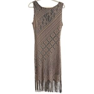 90's Vintage M Studio Taupe & Black Crochet Fringe Fitted Dress Women's Sz Sm